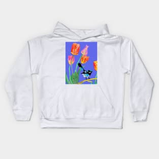 Abstract Blue Wren and Tulips Painting - on Purple Kids Hoodie